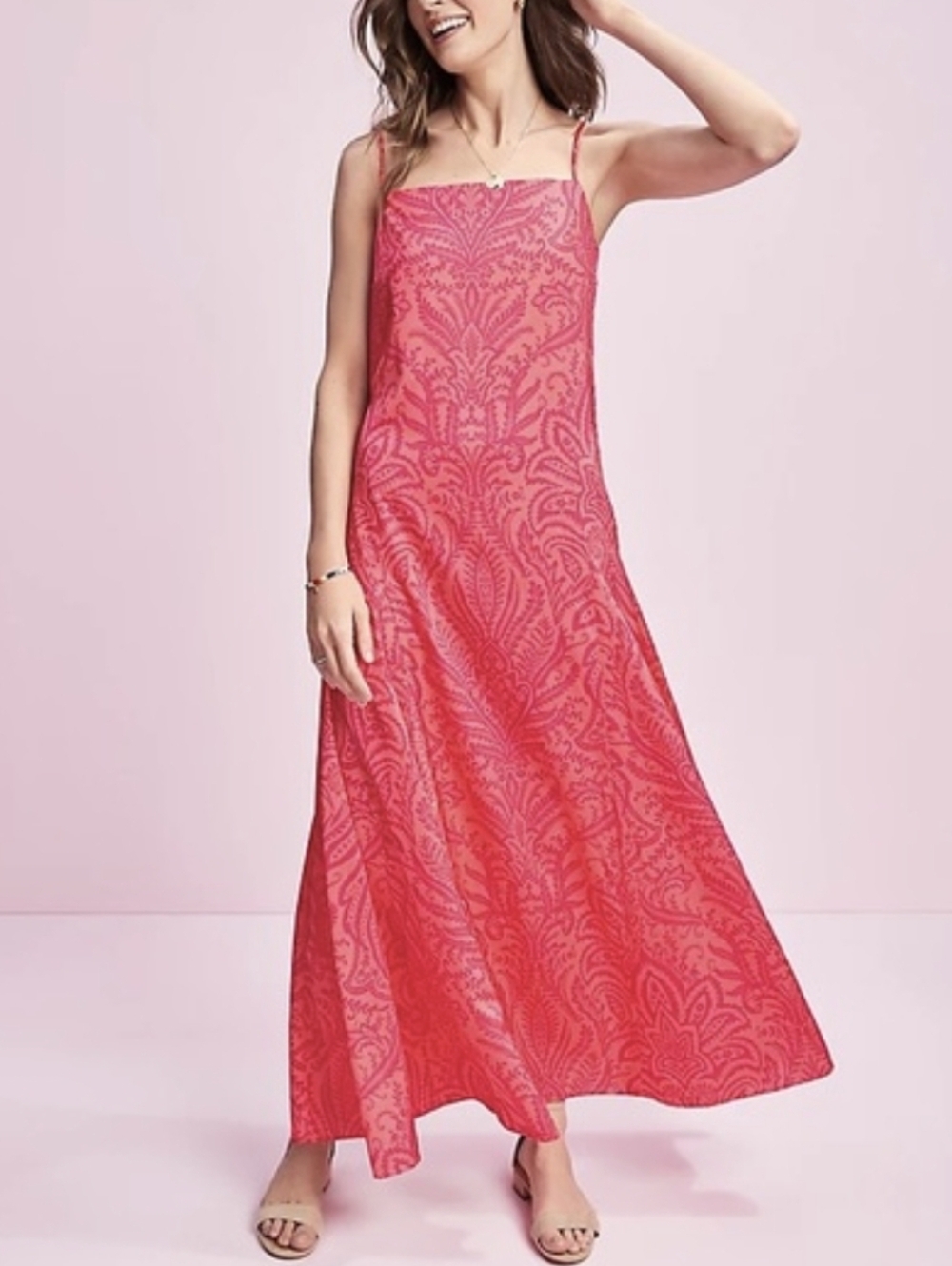 LOFT Pink Paisley Maxi Slip Dress Spaghetti Strap Resort Size 10 Wedding guest
